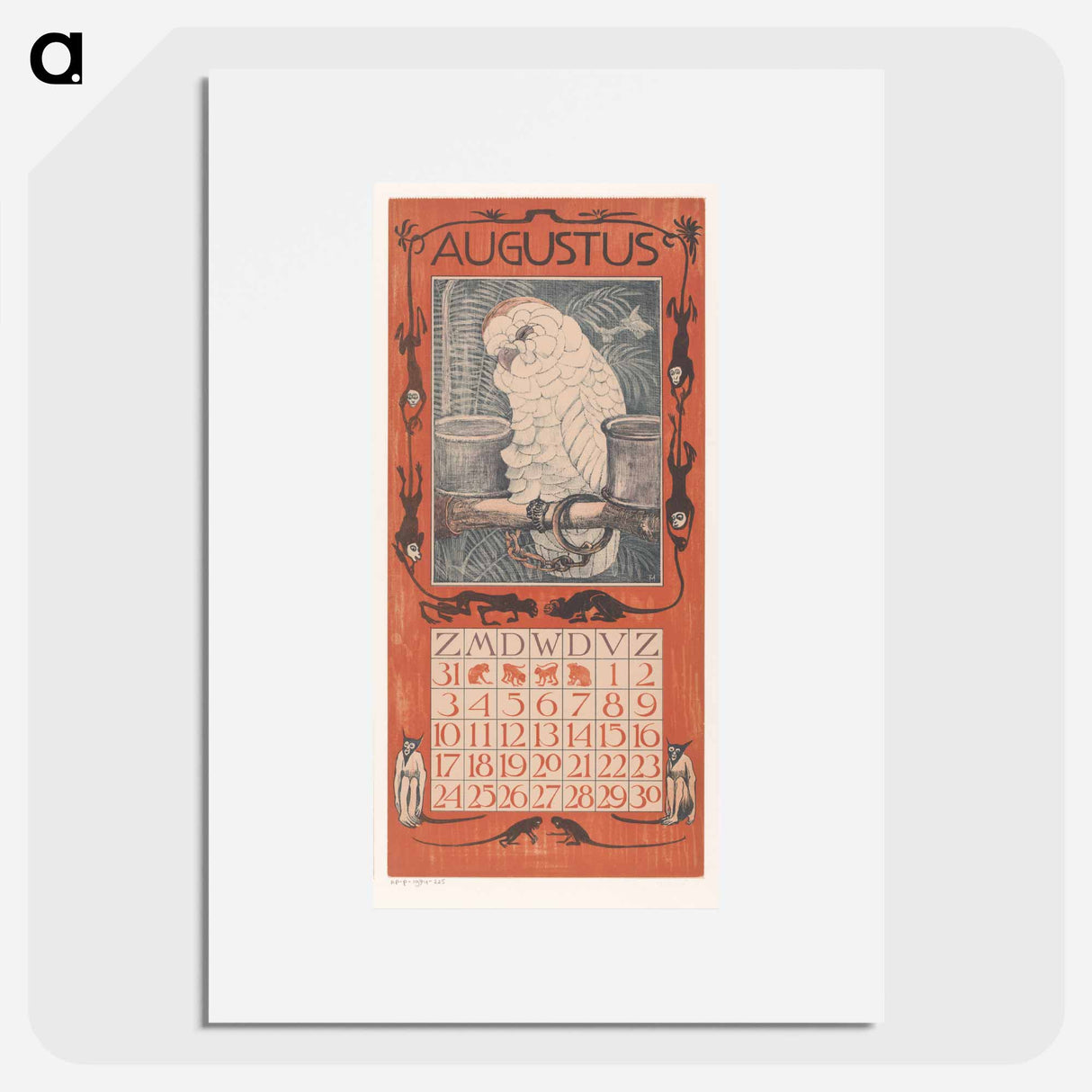 Kalenderblad augustus met kaketoe - テオ ヴァン ホイテマ Poster.