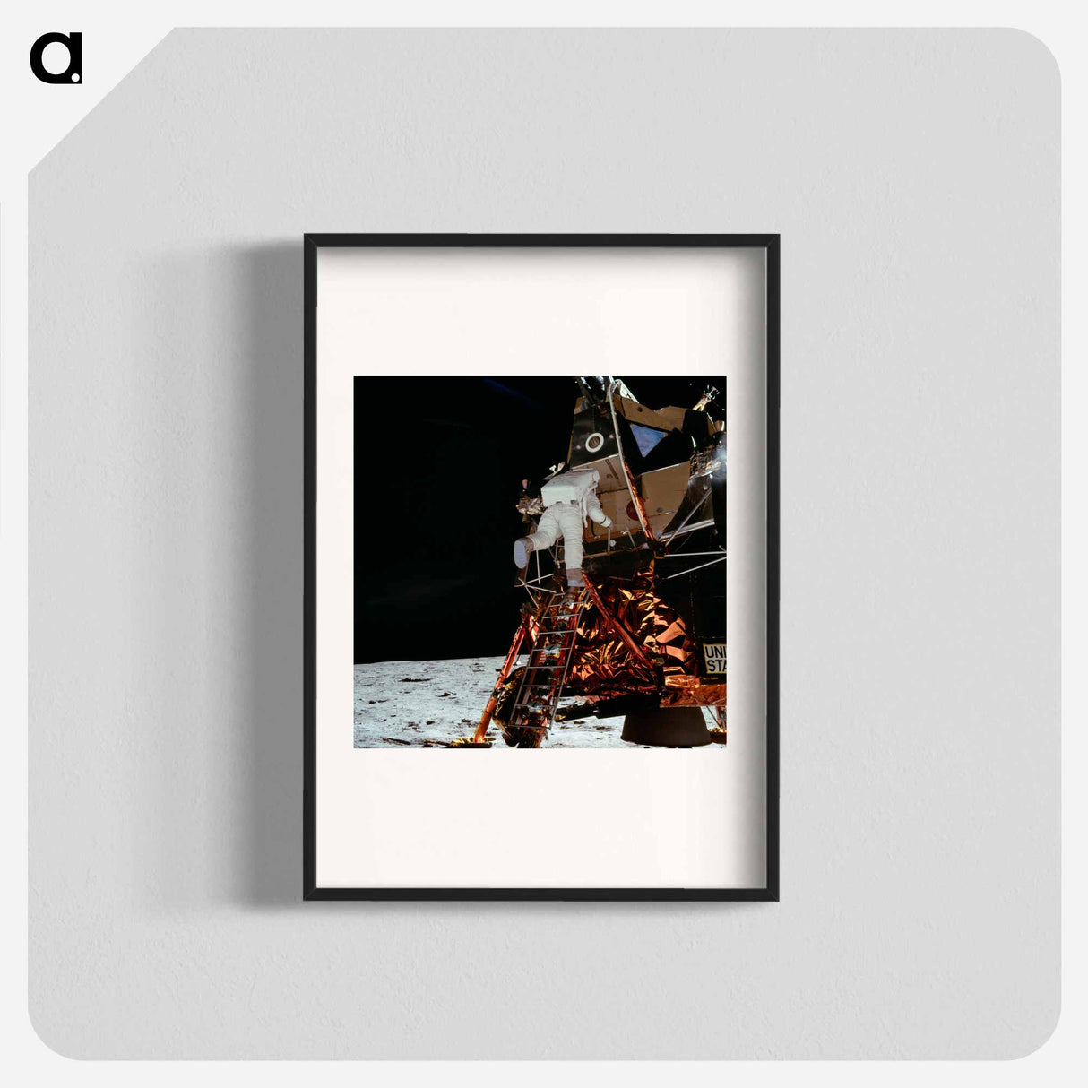 Astronaut Edwin E Aldrin Jr, Lunar Module (LM) pilot descends from the LM, climbing down the ladder. - Apollo Moon Landing Poster.
