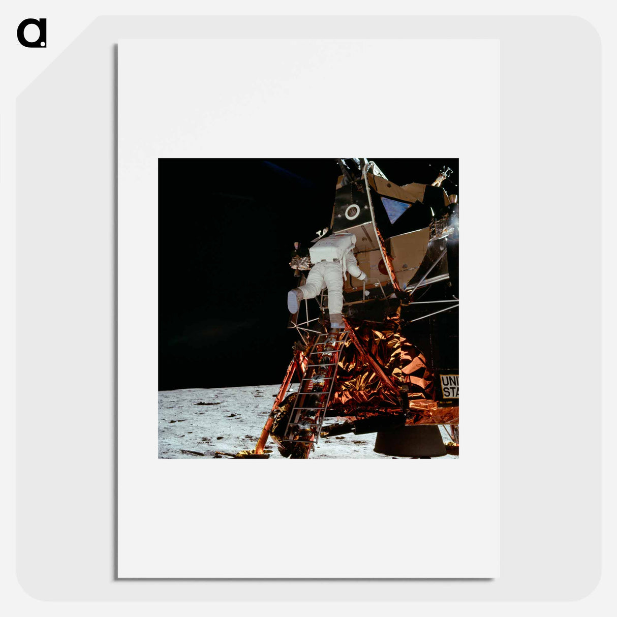 Astronaut Edwin E Aldrin Jr, Lunar Module (LM) pilot descends from the LM, climbing down the ladder. - Apollo Moon Landing Poster.
