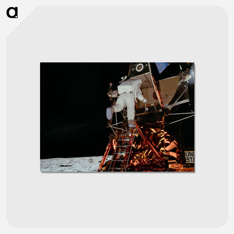 アートポストカード-Astronaut Edwin E Aldrin Jr, Lunar Module (LM) pilot descends from the LM, climbing down the ladder. - アポロ月面着陸 Postcard.