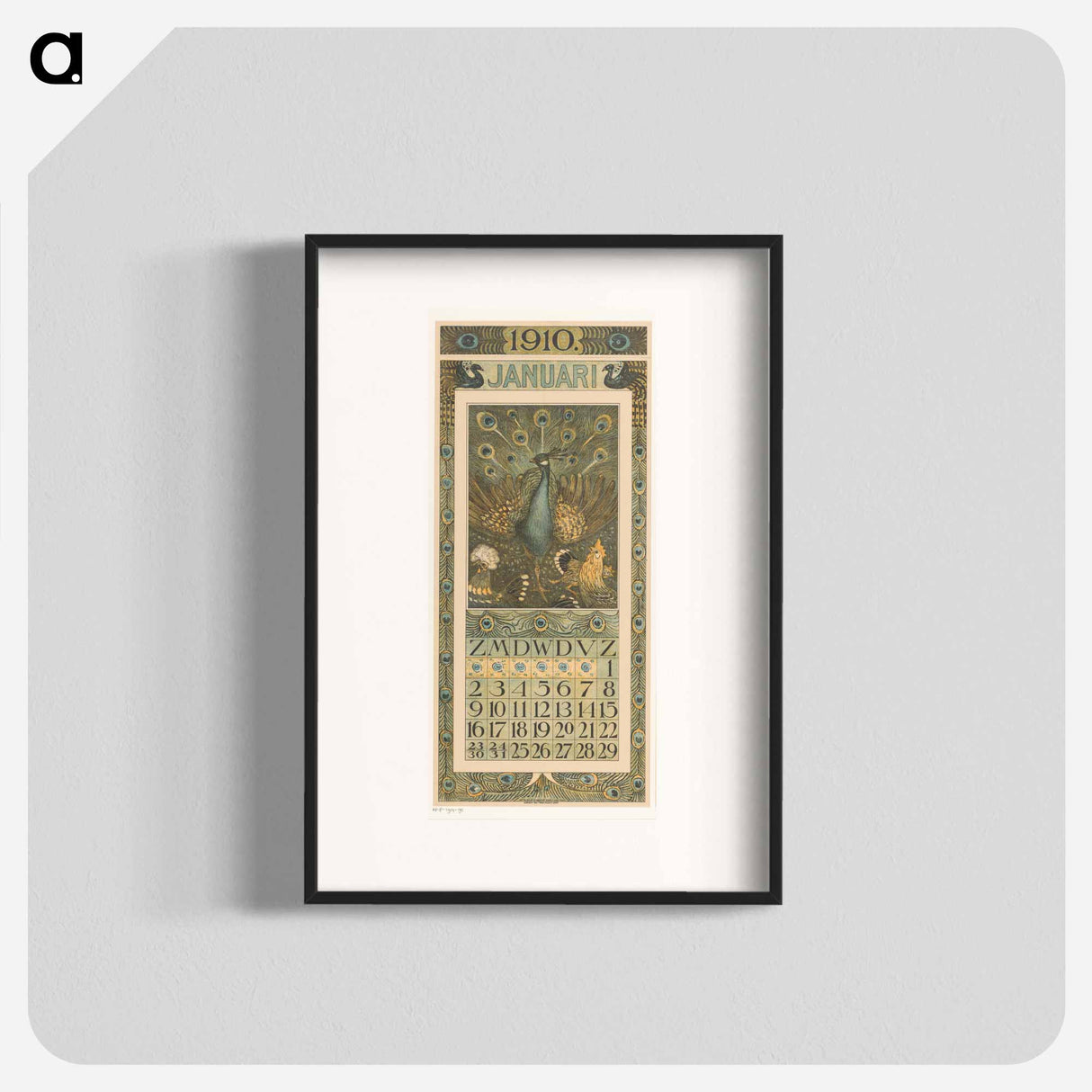 Kalenderblad januari met pauw en kippen - テオ ヴァン ホイテマ Poster.