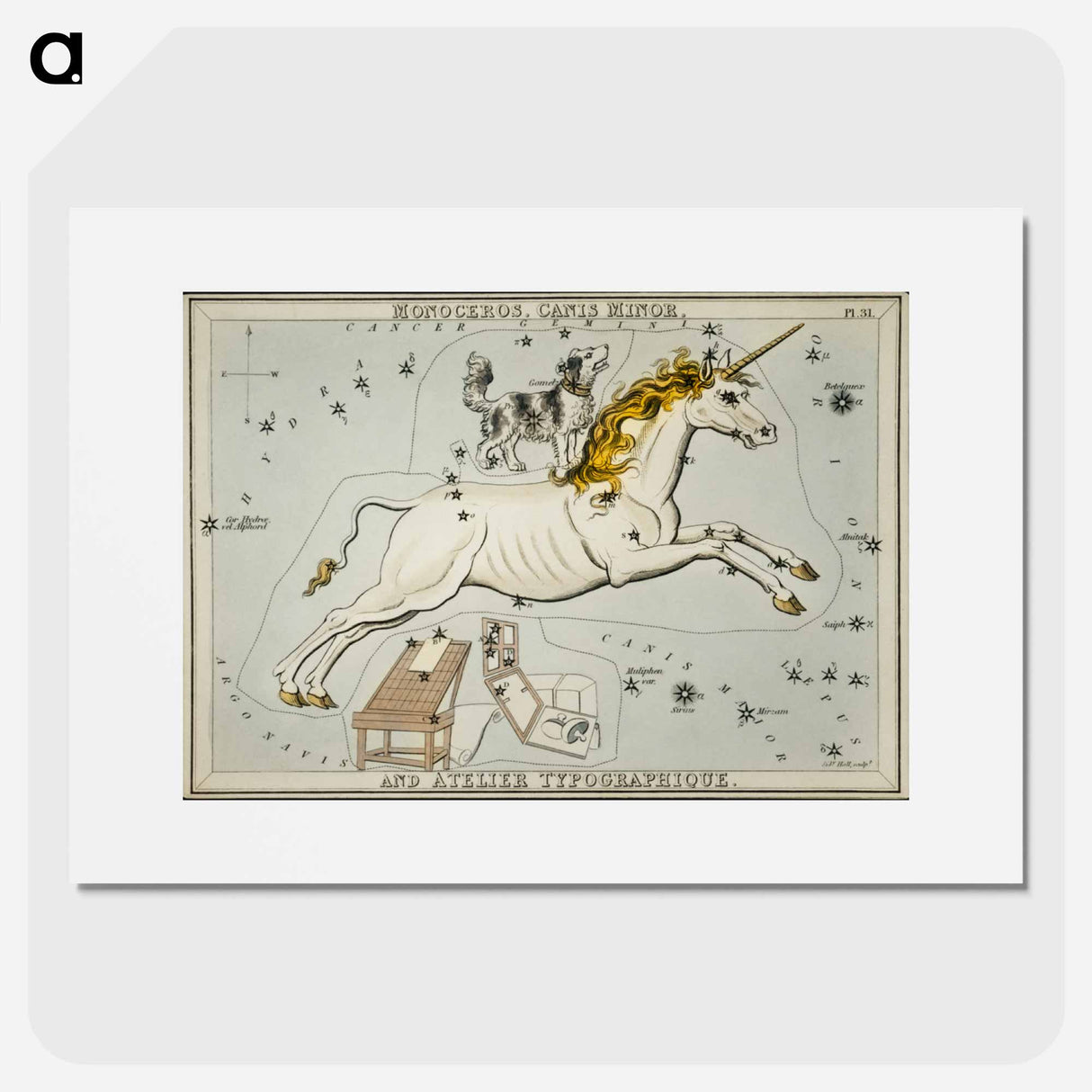 Sidney Hall’s astronomical chart illustration of the Monoceros, Canis Minor and the Atelier Typographique - アンティーク地図 Poster.