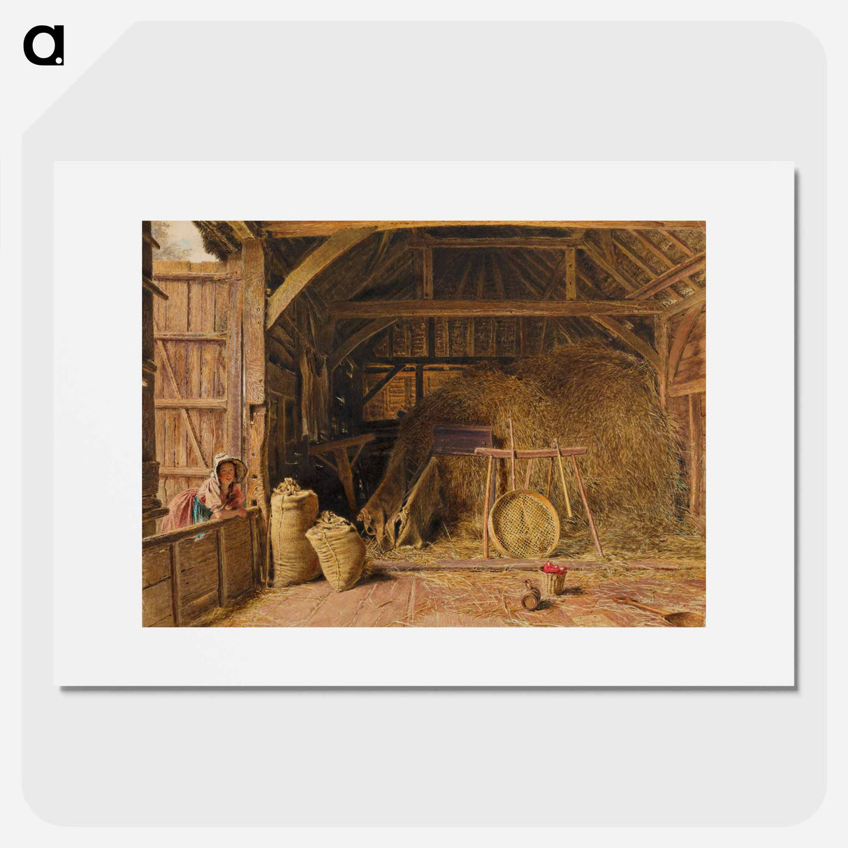 Interior of Barn with Woman Wearing Pink Dress and Hat - ウィリアム ヘンリー ハント Poster.