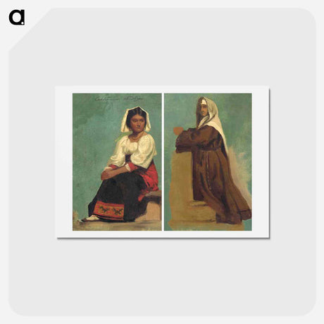 アートポストカード-Costume Study of a Seated Woman and Italian Costume Sketch of a Kneeling Nun - アルバート ビアスタット Postcard.