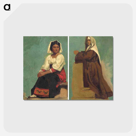 アートポストカード-Costume Study of a Seated Woman and Italian Costume Sketch of a Kneeling Nun - アルバート ビアスタット Postcard.
