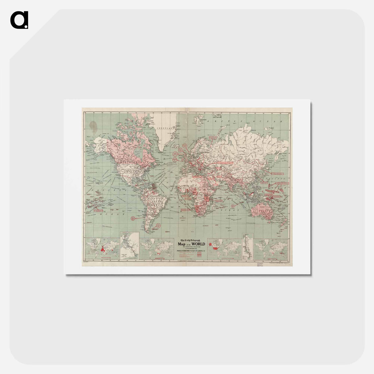 アートポストカード-The Daily Telegraph map of the world on Mercator's projection - アンティーク地図 Postcard.