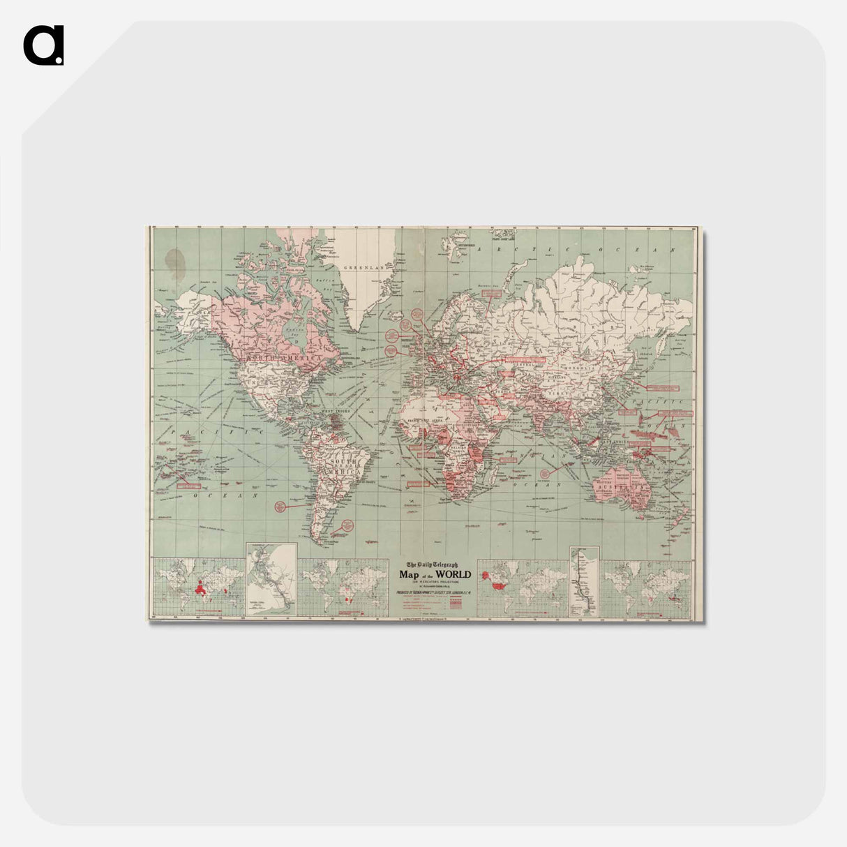 アートポストカード-The Daily Telegraph map of the world on Mercator's projection - アンティーク地図 Postcard.