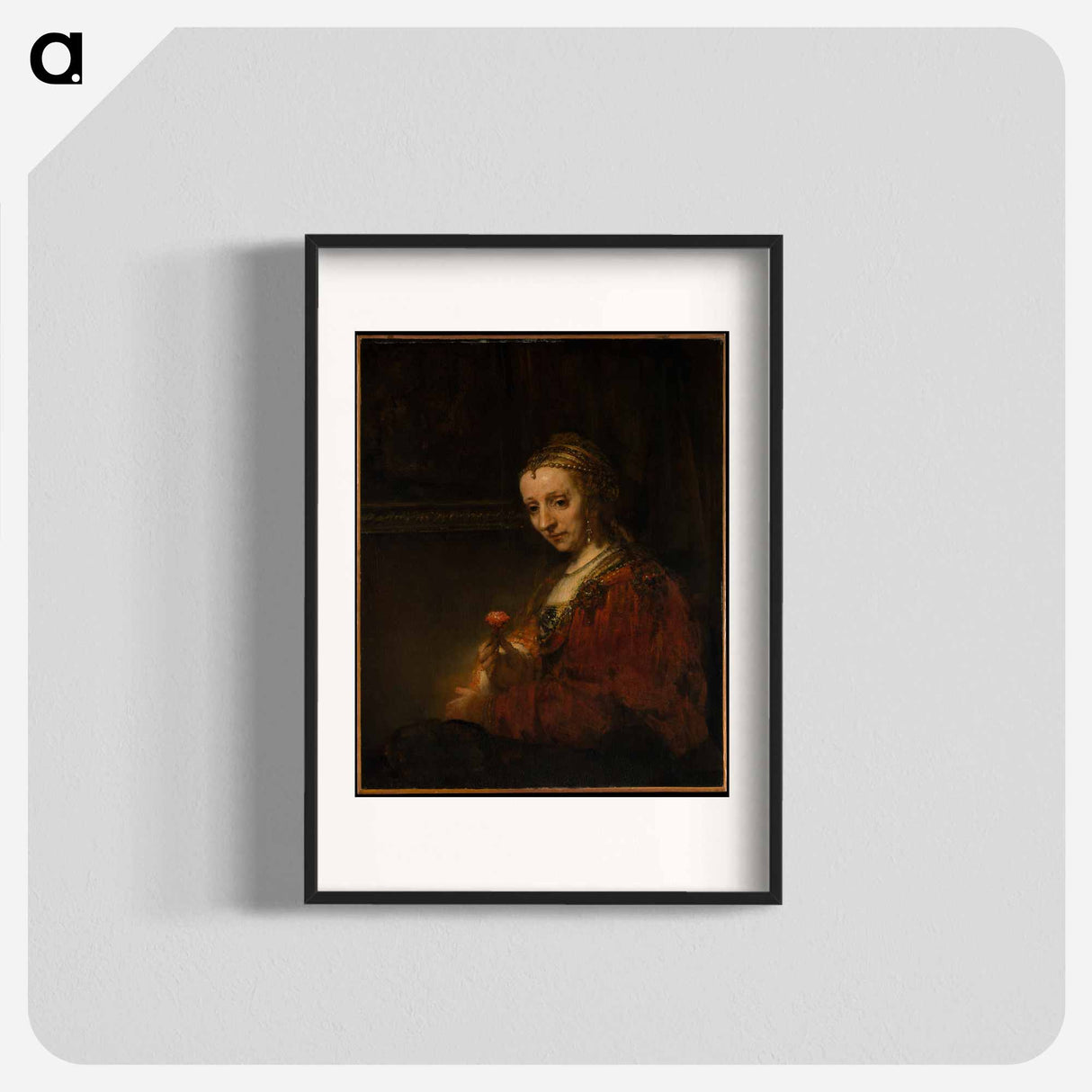 Woman with a Pink - Rembrandt van Rijn Poster.