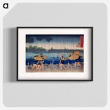 アートポスター-People Walking Beneath Umbrellas Along the Seashore During a Rainstorm - 歌川 国芳 Poster.