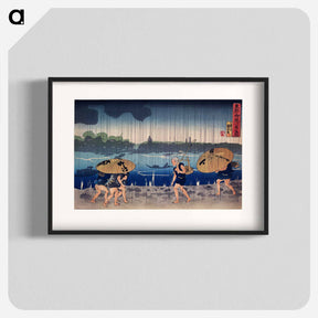 アートポスター-People Walking Beneath Umbrellas Along the Seashore During a Rainstorm - 歌川 国芳 Poster.