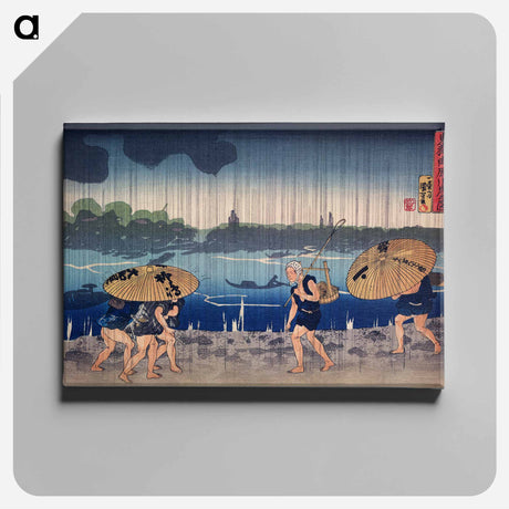 アートパネル-People Walking Beneath Umbrellas Along the Seashore During a Rainstorm - 歌川 国芳 Canvas.