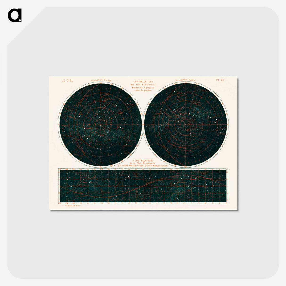 アートポストカード-Constellations of the Two Hemispheres - アンティーク地図 Postcard.