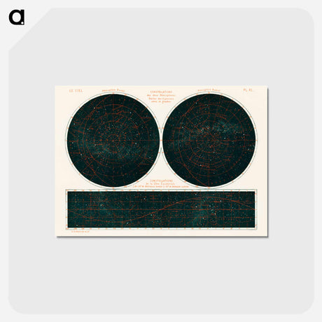 アートポストカード-Constellations of the Two Hemispheres - アンティーク地図 Postcard.