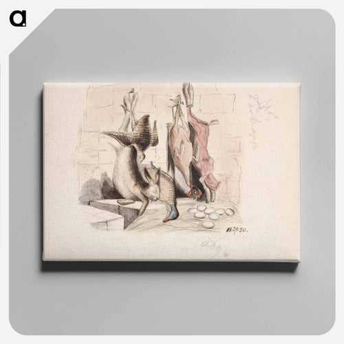 Asetelma, jossa on kuollut jänis, heinäsorsa, peltopyy, nyljetty jänis ja kana - アンダース エクマン Canvas.