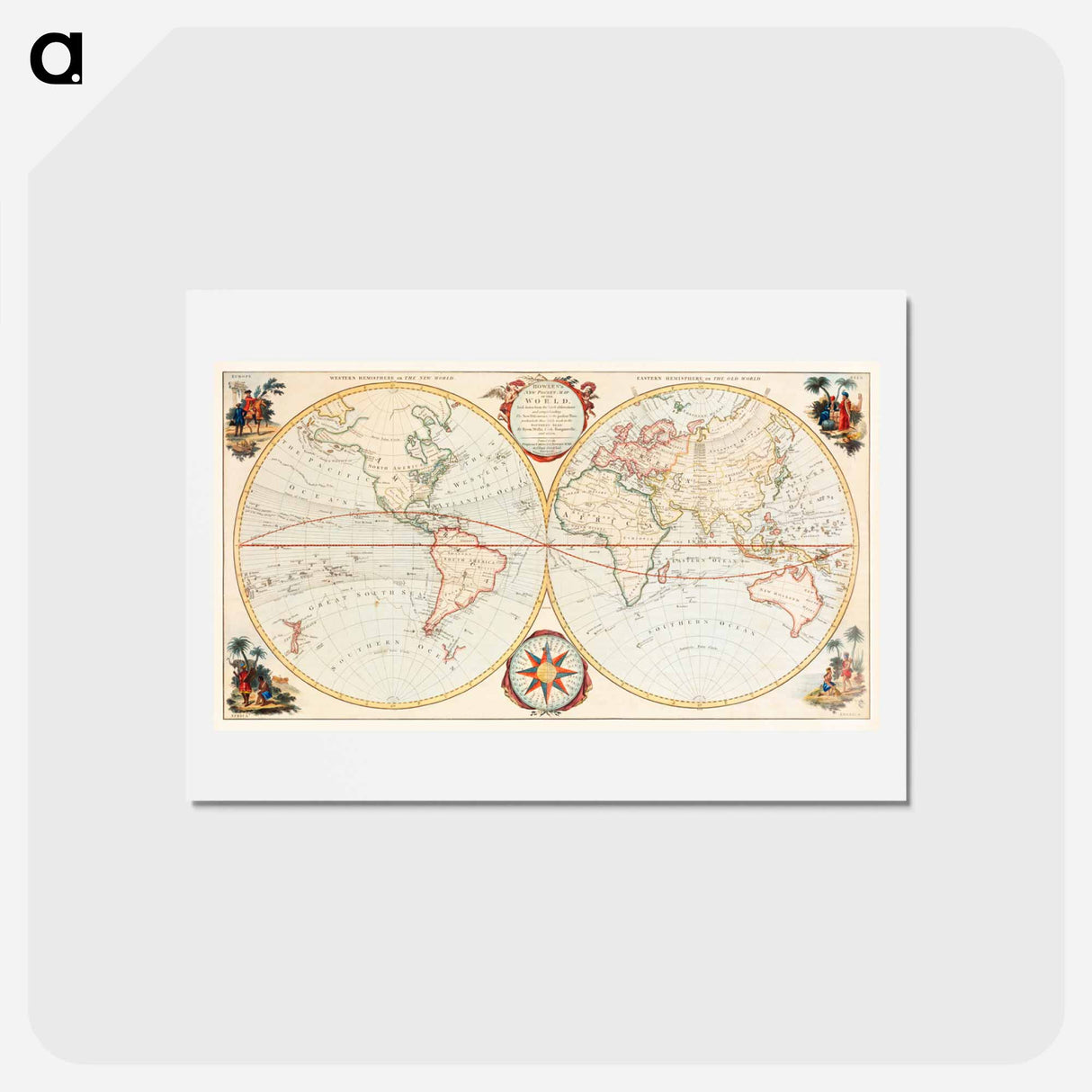 アートポストカード-Bowles's new pocket map of the world - アンティーク地図 Postcard.