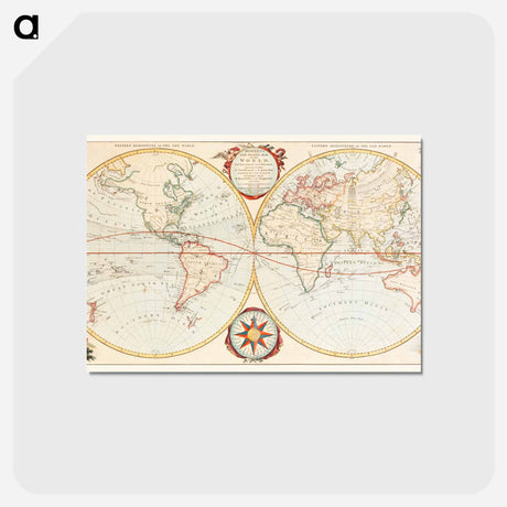 アートポストカード-Bowles's new pocket map of the world - アンティーク地図 Postcard.
