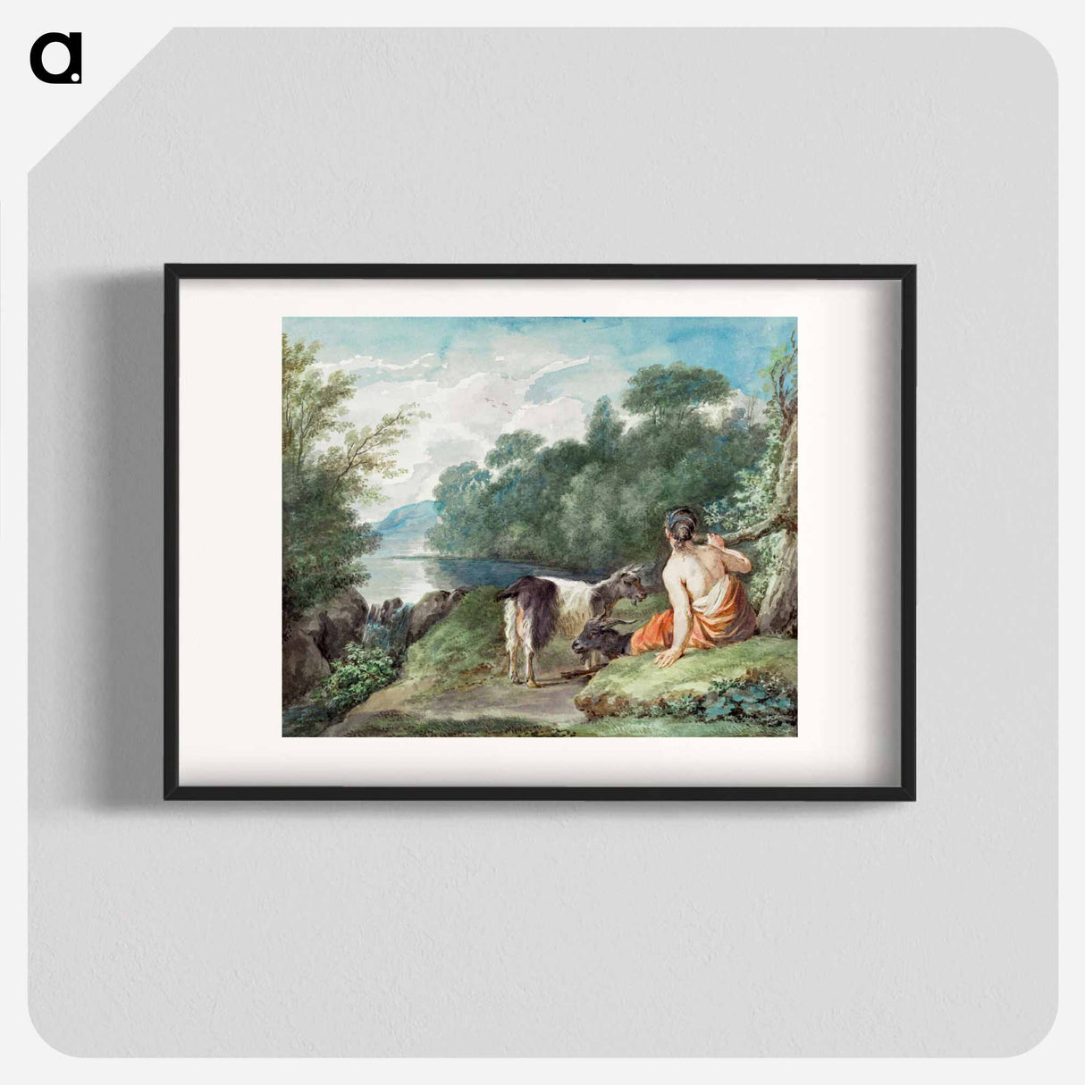 Shepherdess with goats in a landscape with a lake - アールト シューマン Poster.
