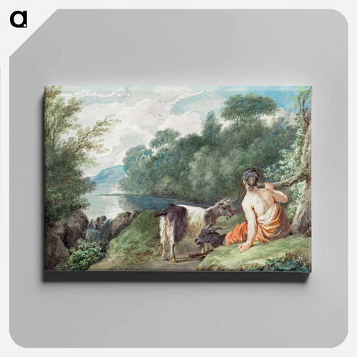 Shepherdess with goats in a landscape with a lake - アールト シューマン Canvas.