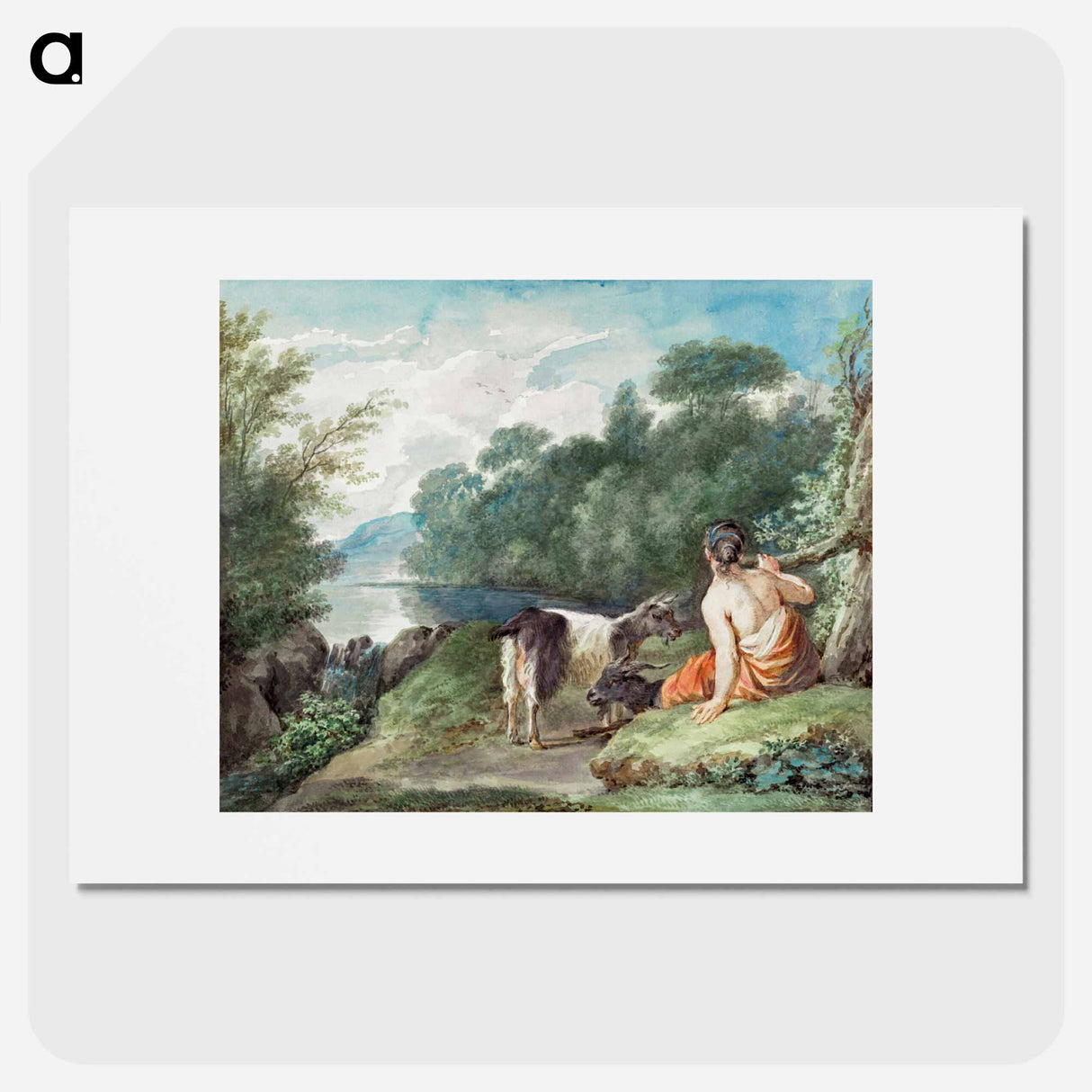 Shepherdess with goats in a landscape with a lake - アールト シューマン Poster.