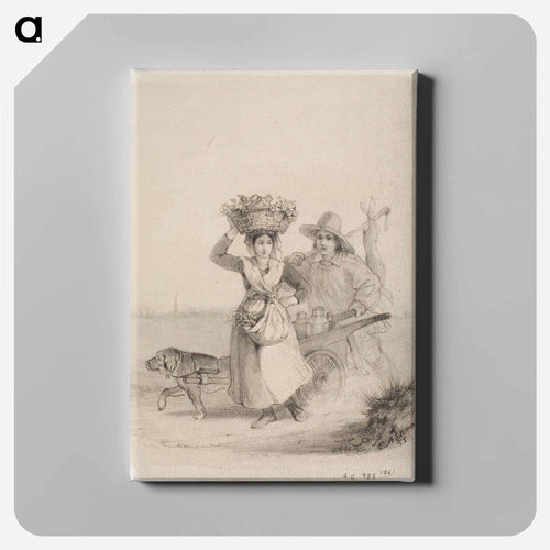 Talonpoikaistyttö kori päänpäällä sekä poika koiran vetämien maitokärryjen kanssa - アンダース エクマン Canvas.