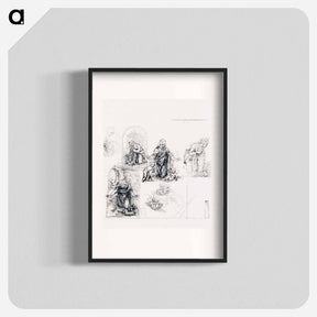 アートポスター-Compositional Sketches for the Virgin Adoring the Christ Child, with and without the Infant St. John the Baptist; Diagram of a Perspectival Projection - レオナルド ダ ヴィンチ Poster.