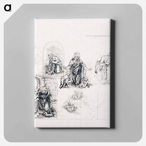 アートパネル-Compositional Sketches for the Virgin Adoring the Christ Child, with and without the Infant St. John the Baptist; Diagram of a Perspectival Projection - レオナルド ダ ヴィンチ Canvas.