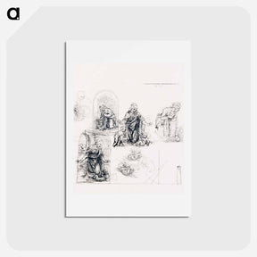 アートポストカード-Compositional Sketches for the Virgin Adoring the Christ Child, with and without the Infant St. John the Baptist; Diagram of a Perspectival Projection - レオナルド ダ ヴィンチ Postcard.