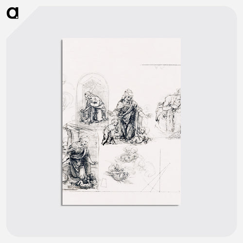 Compositional Sketches for the Virgin Adoring the Christ Child, with and without the Infant St. John the Baptist; Diagram of a Perspectival Projection - レオナルド ダ ヴィンチ Postcard.