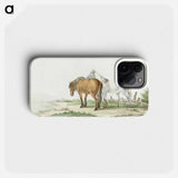 A brown and white horse on a road next to a fence by Jean Bernard - Jean Bernard Phone Case.