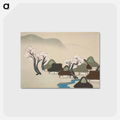 アートポストカード-Village with cherry blossoms from Momoyogusa–Flowers of a Hundred Generations by Kamisaka Sekka - 神坂 雪佳 Postcard.
