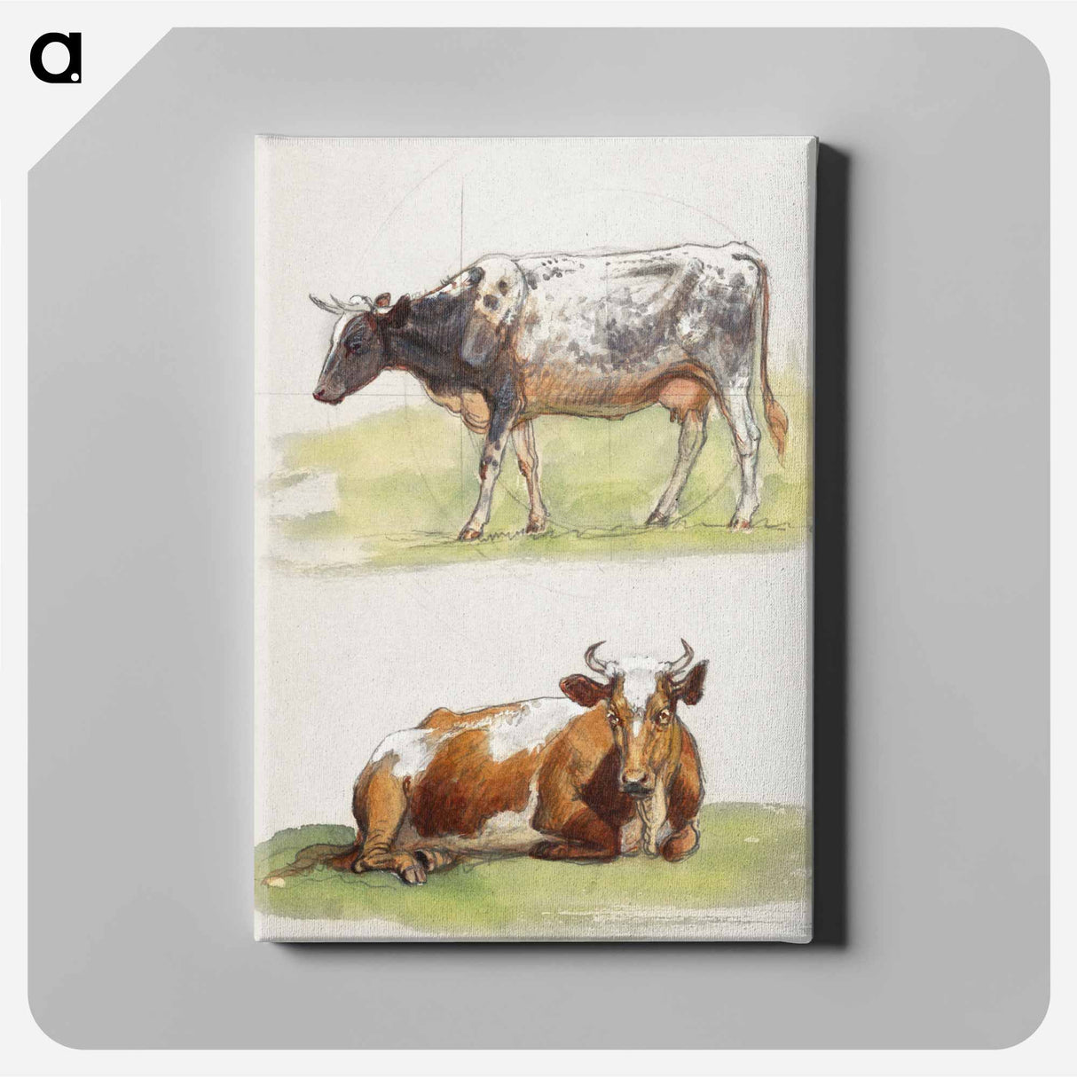 Cattle, a Cow Walking and a Cow Crouching - サミュエル コールマン Canvas.