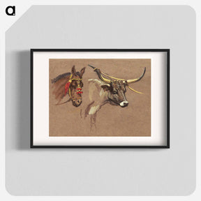 アートポスター-Head of a Mule with a Bridle, Head of a Buffalo or Ox - サミュエル コールマン Poster.