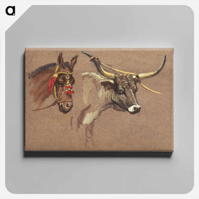 アートパネル-Head of a Mule with a Bridle, Head of a Buffalo or Ox - サミュエル コールマン Canvas.