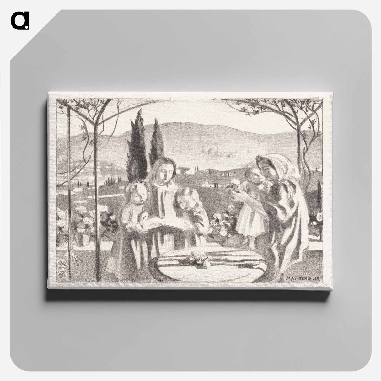 アートパネル-Italian landscape with mother and child and three singing girls - モーリス ドニ Canvas.