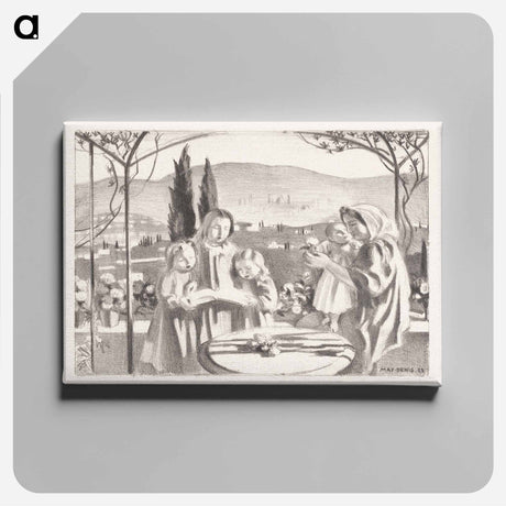 アートパネル-Italian landscape with mother and child and three singing girls - モーリス ドニ Canvas.