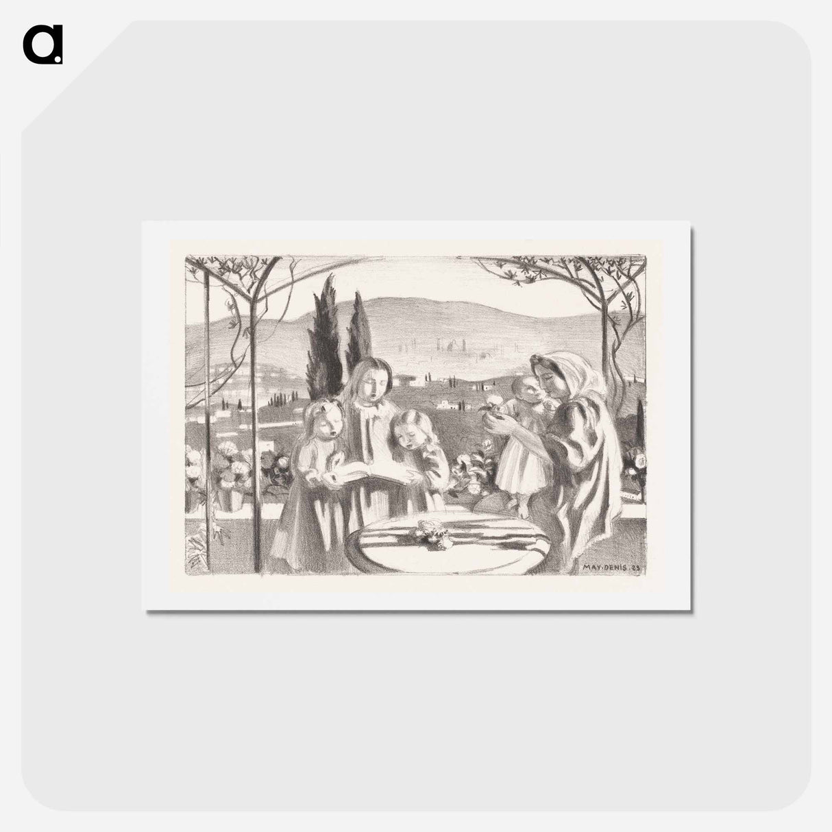 アートポストカード-Italian landscape with mother and child and three singing girls - モーリス ドニ Postcard.