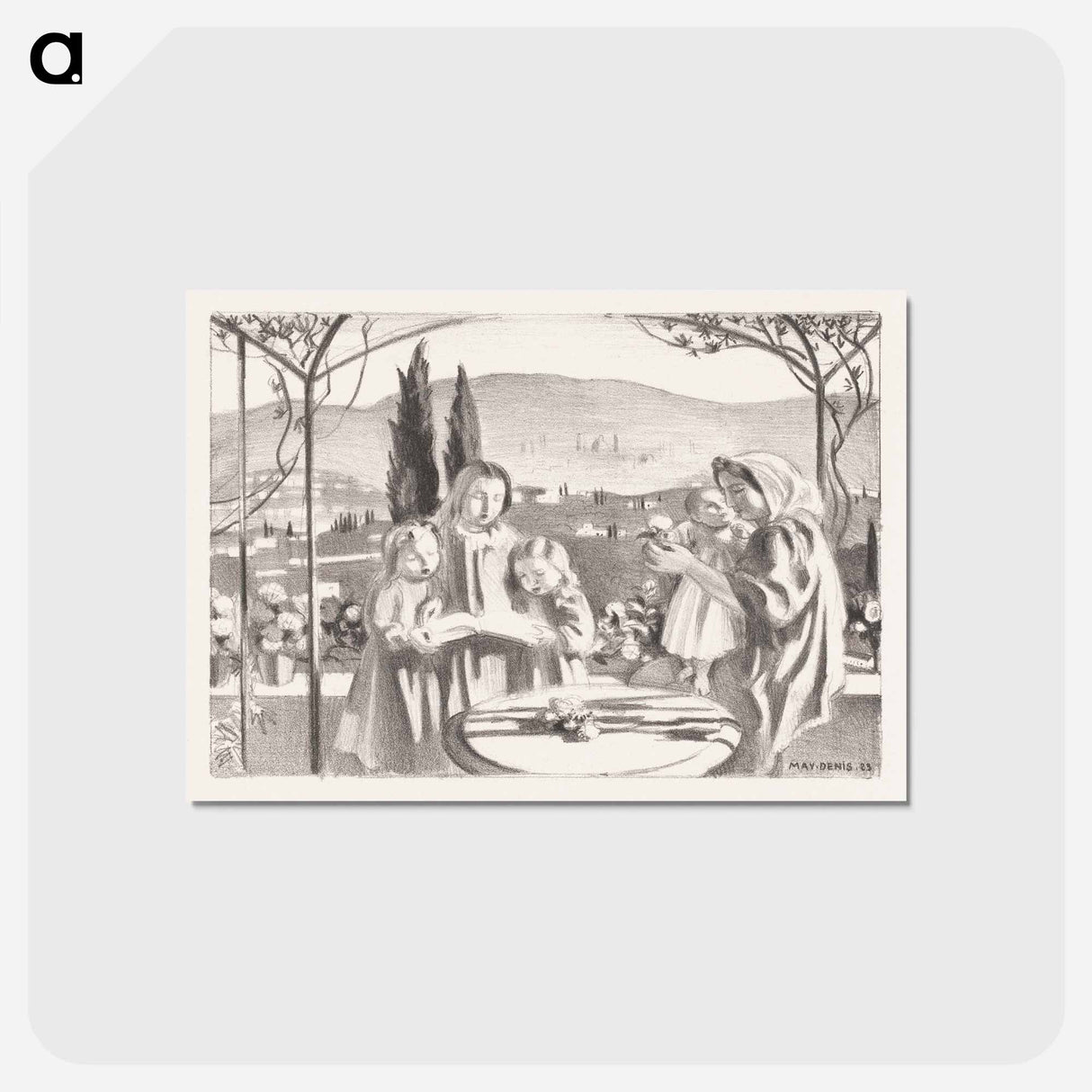 アートポストカード-Italian landscape with mother and child and three singing girls - モーリス ドニ Postcard.