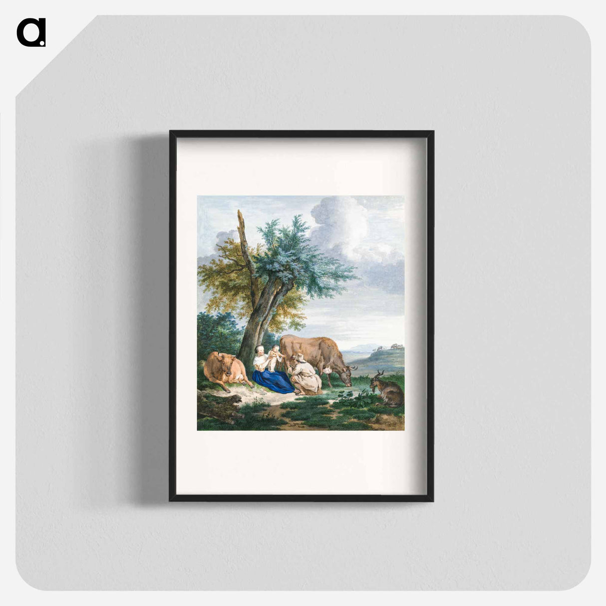 Peasant woman and farmer with child in a landscape with cattle - アールト シューマン Poster.