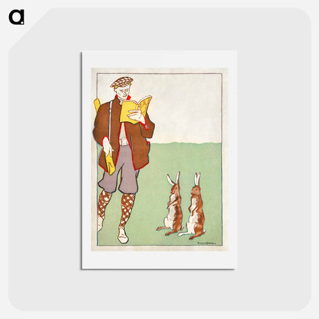 アートポストカード-Man reading a book with Hares - エドワード ペンフィールド Postcard.