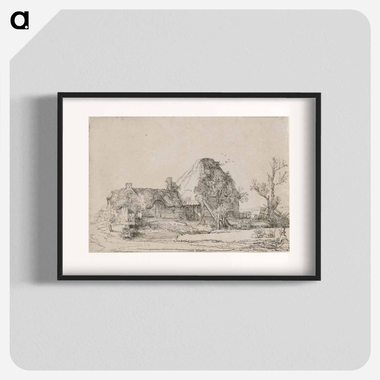 アートポスター-Cottage and Farm Buildings with a Man Sketching - レンブラント ファン レイン Poster.