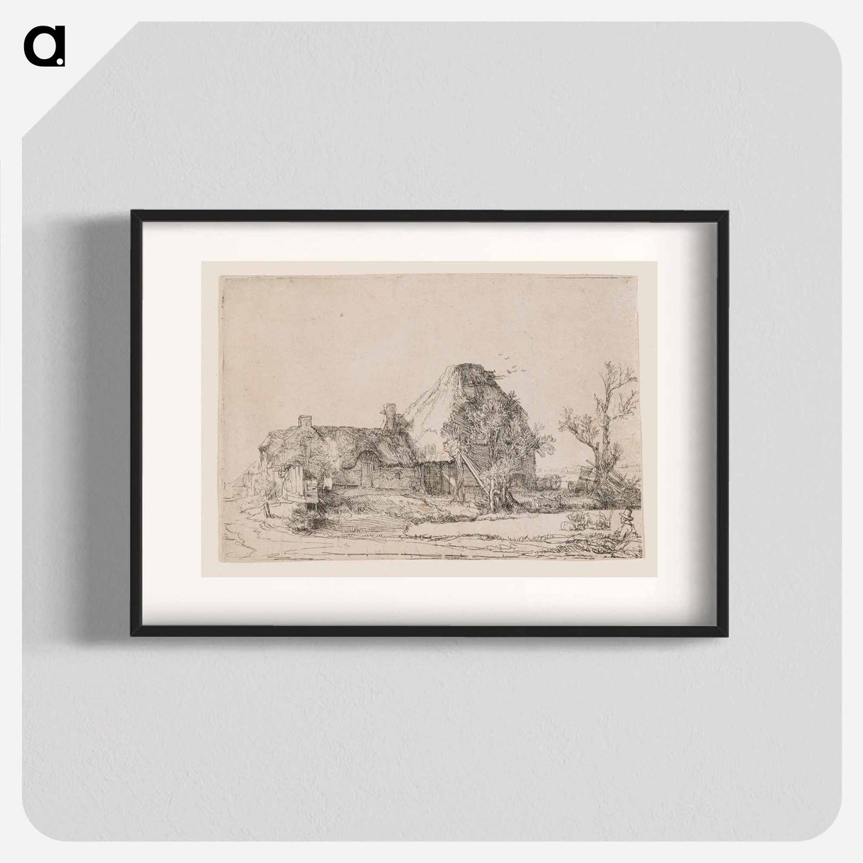 Cottage and Farm Buildings with a Man Sketching - Rembrandt van Rijn Poster.
