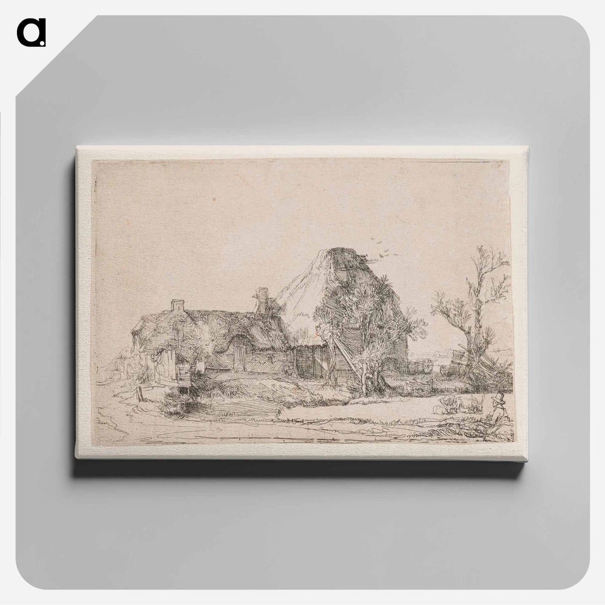 Cottage and Farm Buildings with a Man Sketching - Rembrandt van Rijn Canvas.