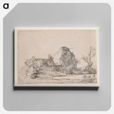 Cottage and Farm Buildings with a Man Sketching - Rembrandt van Rijn Canvas.