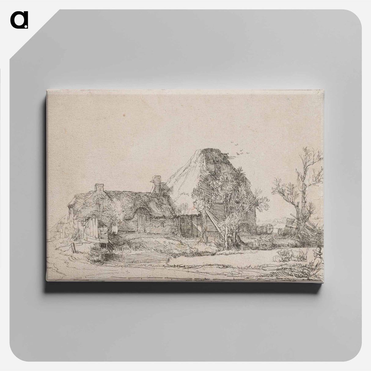 アートパネル-Cottage and Farm Buildings with a Man Sketching - レンブラント ファン レイン Canvas.