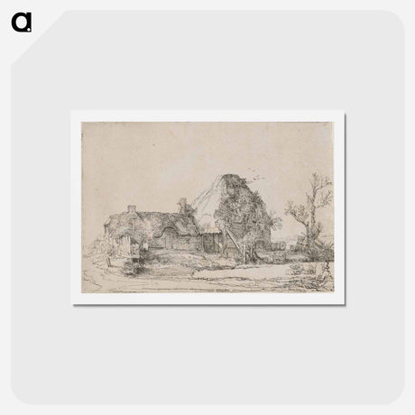 アートポストカード-Cottage and Farm Buildings with a Man Sketching - レンブラント ファン レイン Postcard.