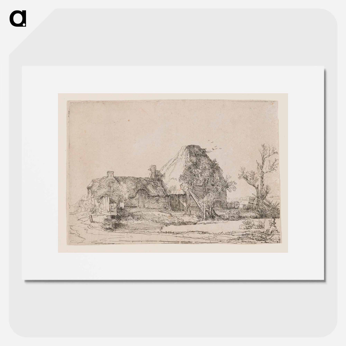 Cottage and Farm Buildings with a Man Sketching - Rembrandt van Rijn Poster.