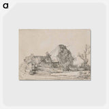 アートポストカード-Cottage and Farm Buildings with a Man Sketching - レンブラント ファン レイン Postcard.