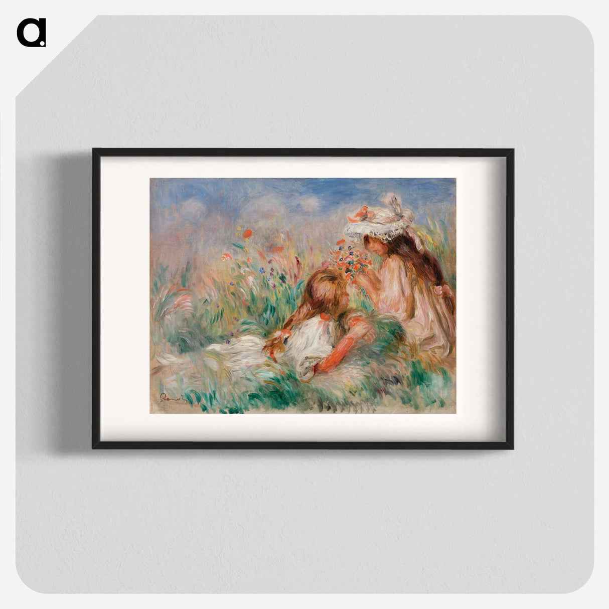 Girls in the Grass Arranging a Bouquet - Pierre-Auguste Renoir Poster.