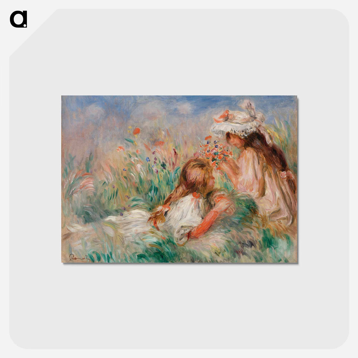 アートポストカード-Girls in the Grass Arranging a Bouquet - ピエール オーギュスト ルノワール Postcard.