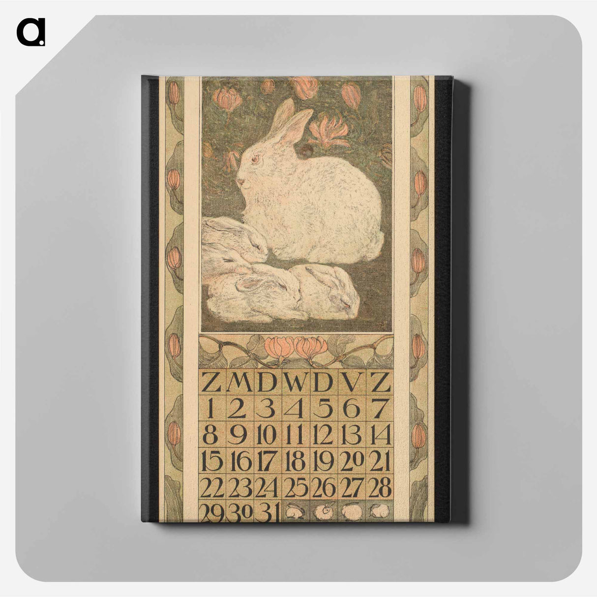 Kalenderblad voor mei met een wit konijn met vier jongen by Theo van Hoytema - テオ ヴァン ホイテマ Canvas.
